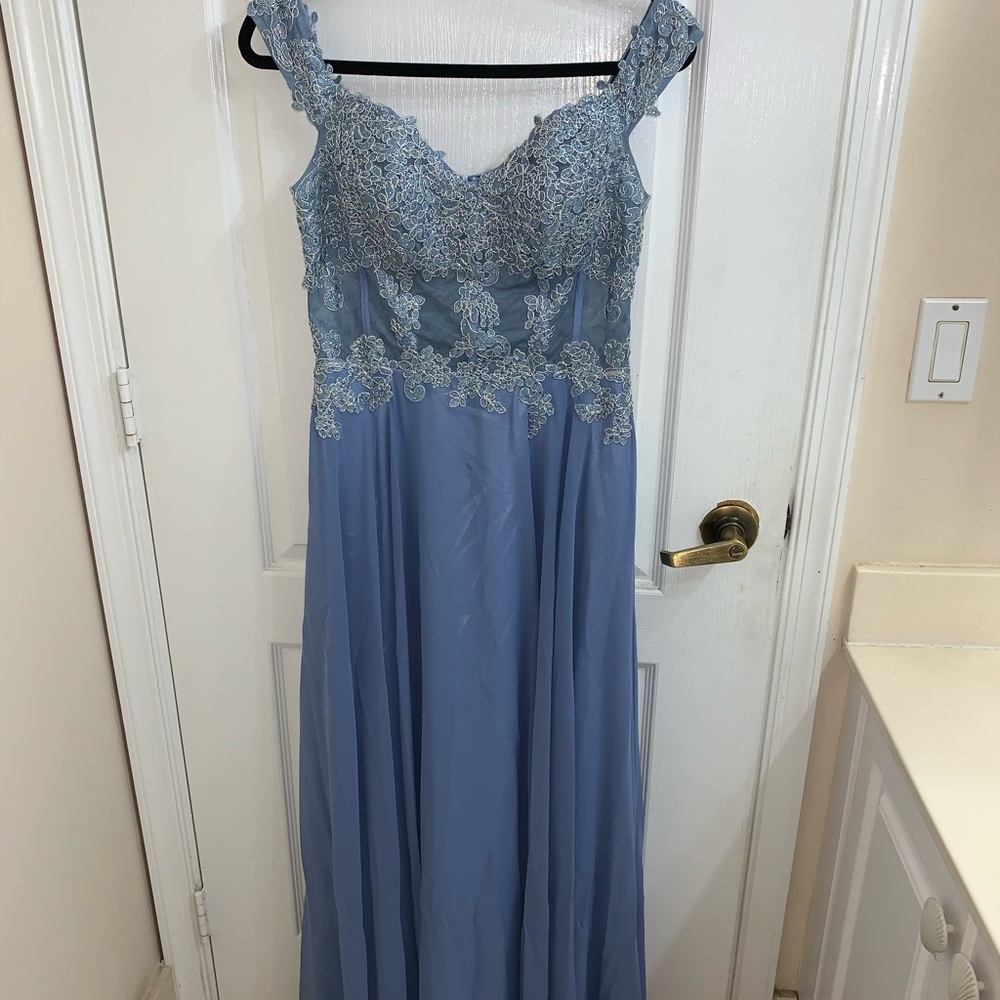 Xscape off shoulder blue chiffon evening gown corset bodice